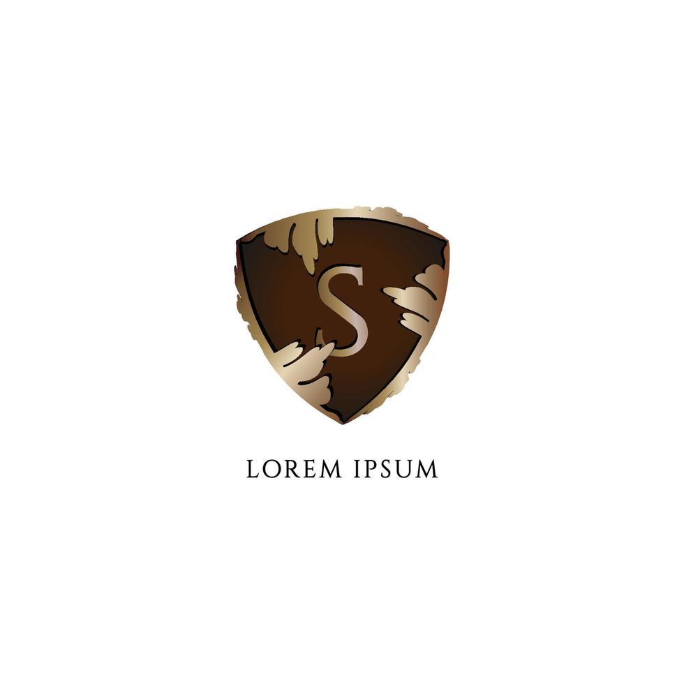 Letter S alphabet logo design template. Luxury Decorative metallic gold shield sign illustration. Protection, Guard, Security. Initial abjad logo concept. Insurance Company Logo vector