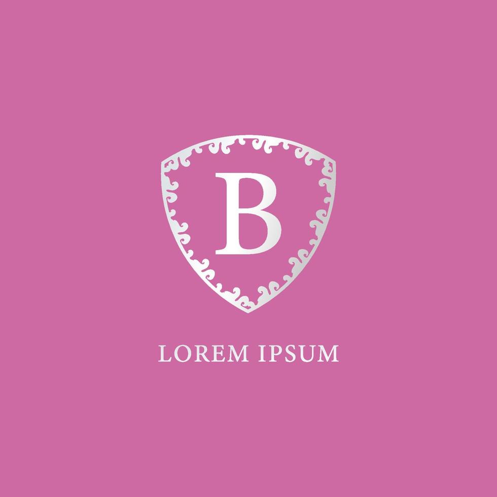 plantilla de diseño de logotipo inicial de letra b aislada sobre fondo rosa. ilustración de escudo floral decorativo de plata de lujo. adecuado para seguros, productos de moda y belleza vector