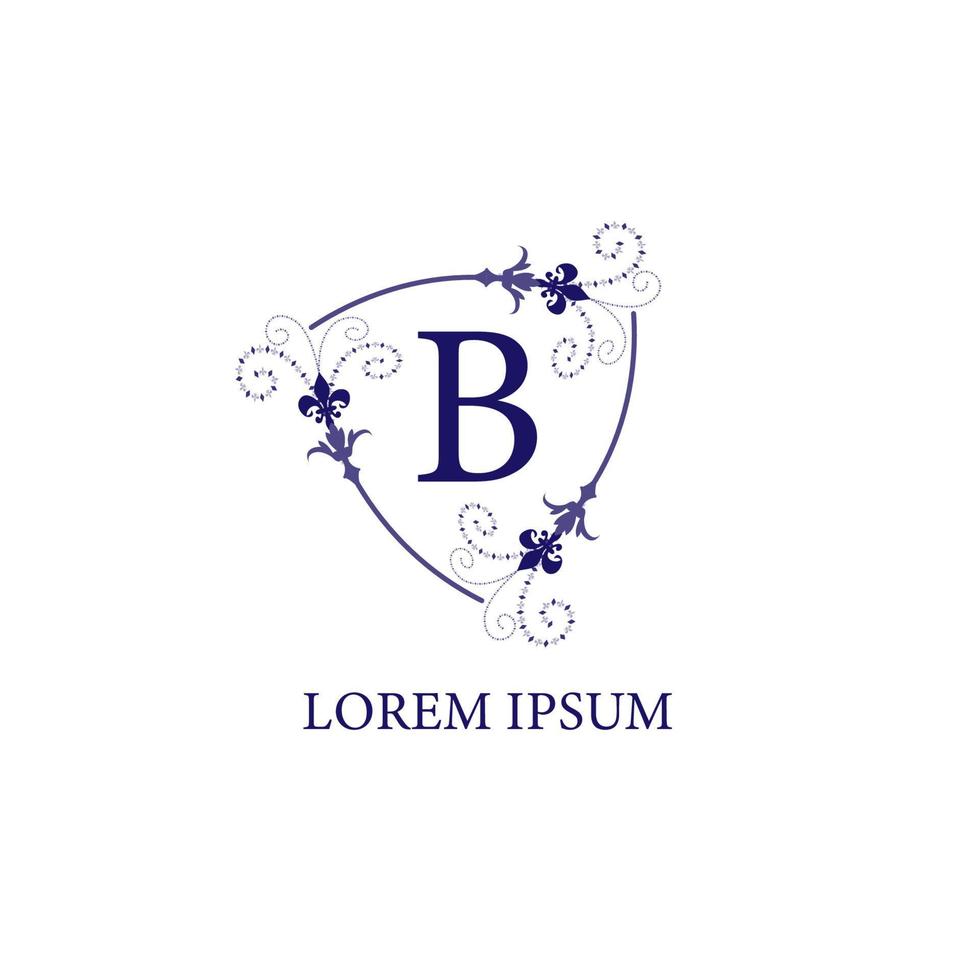 Decorative floral shield with Lily Flower ornament. Isolated on white background. Letter B alphabet initial logo design template. Purple Violet Color Theme. vector