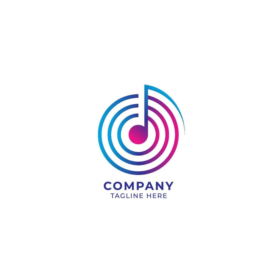 Colorful musical note with concentric circles vector illustration. Music and energy logo design template isolated on white color background. Pink magenta purple and blue multicolor gradient.