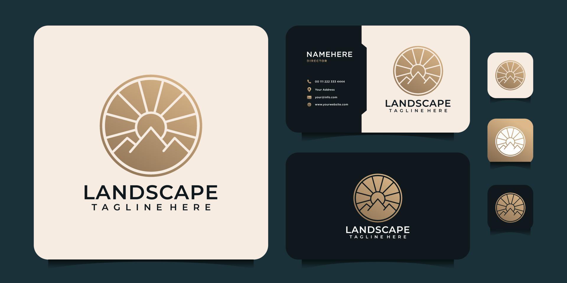 Landscape minimalist golden mountain and sun logo design elements vector