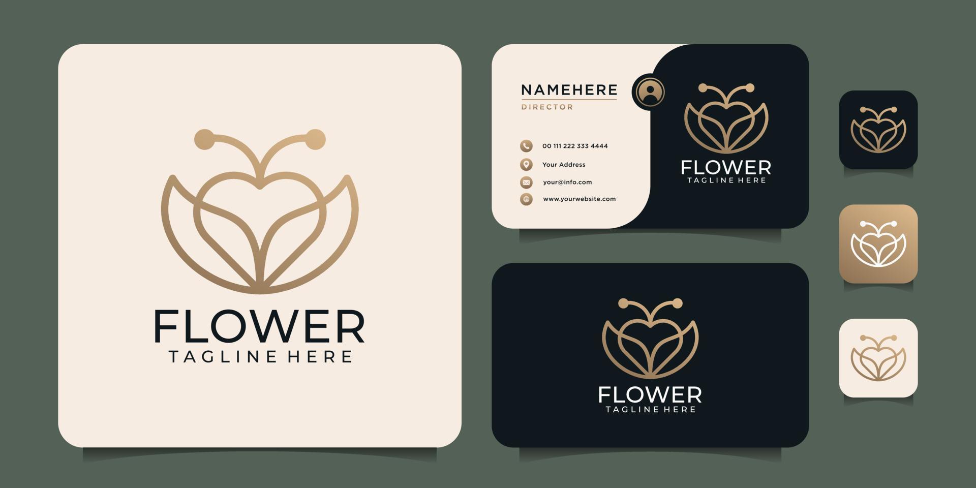 elementos de diseño de logotipo de flor de amor de monograma de belleza minimalista con tarjeta de visita vector