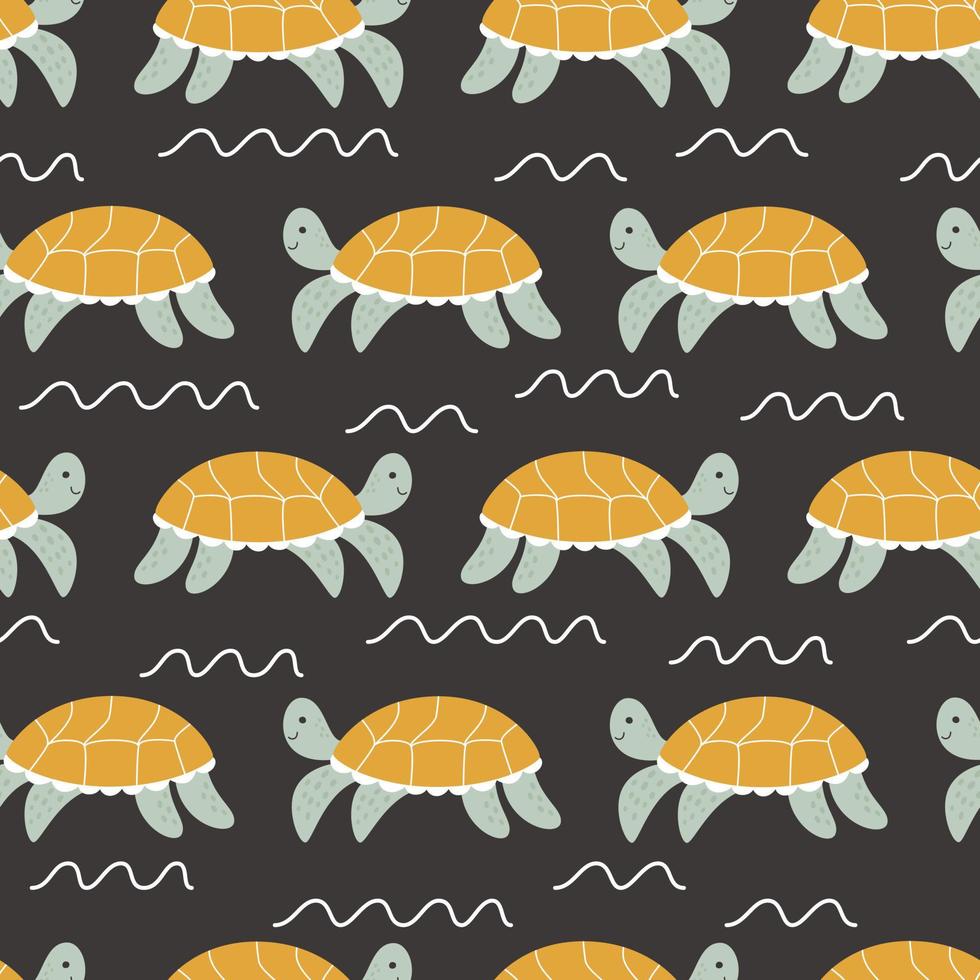 Cute turtles on a black background swim among the waves. Vector seamless pattern with childish animal illustrations