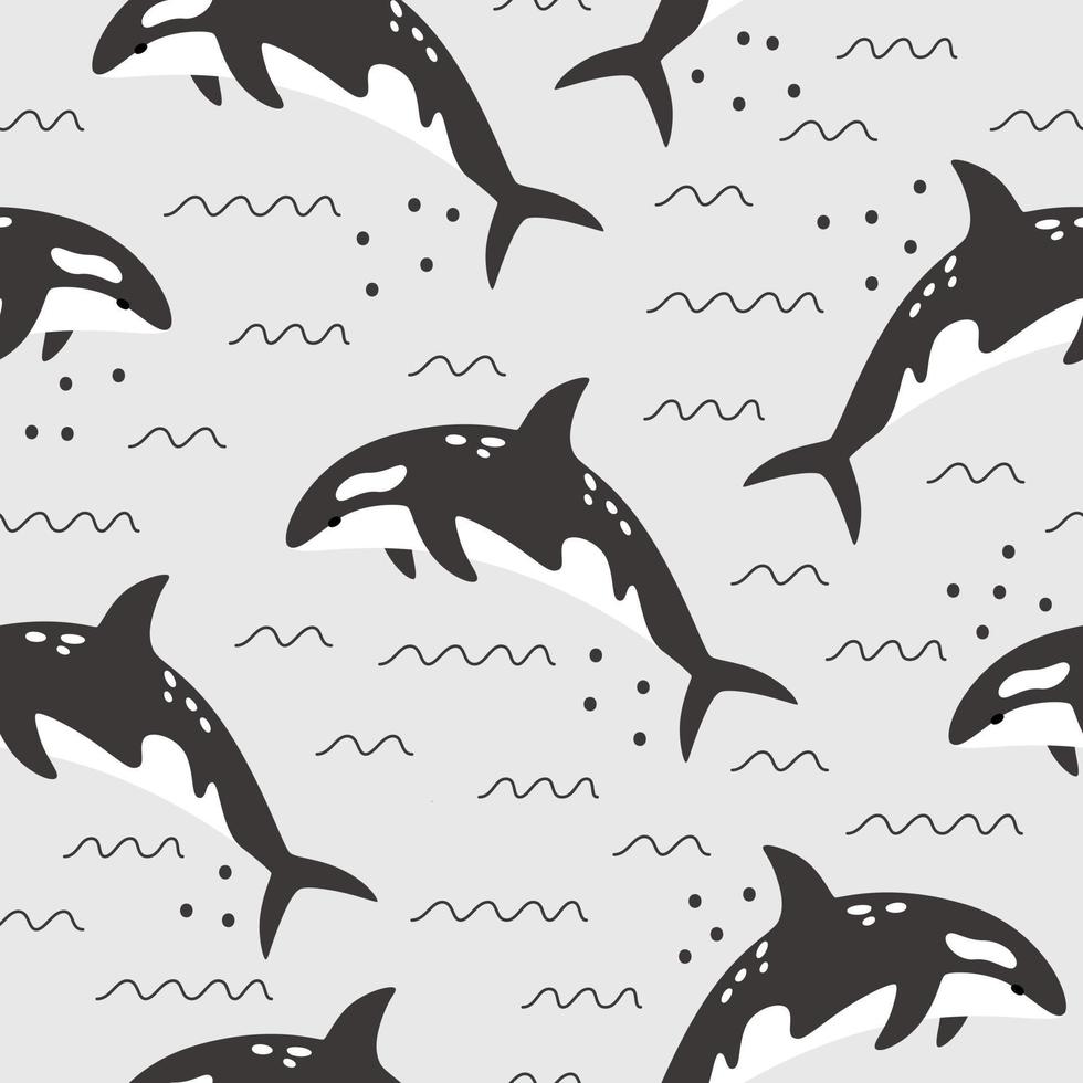 Monochrome sea gray seamless pattern with killer whales. Vector illustration of an animal on a childish cute repeat print.