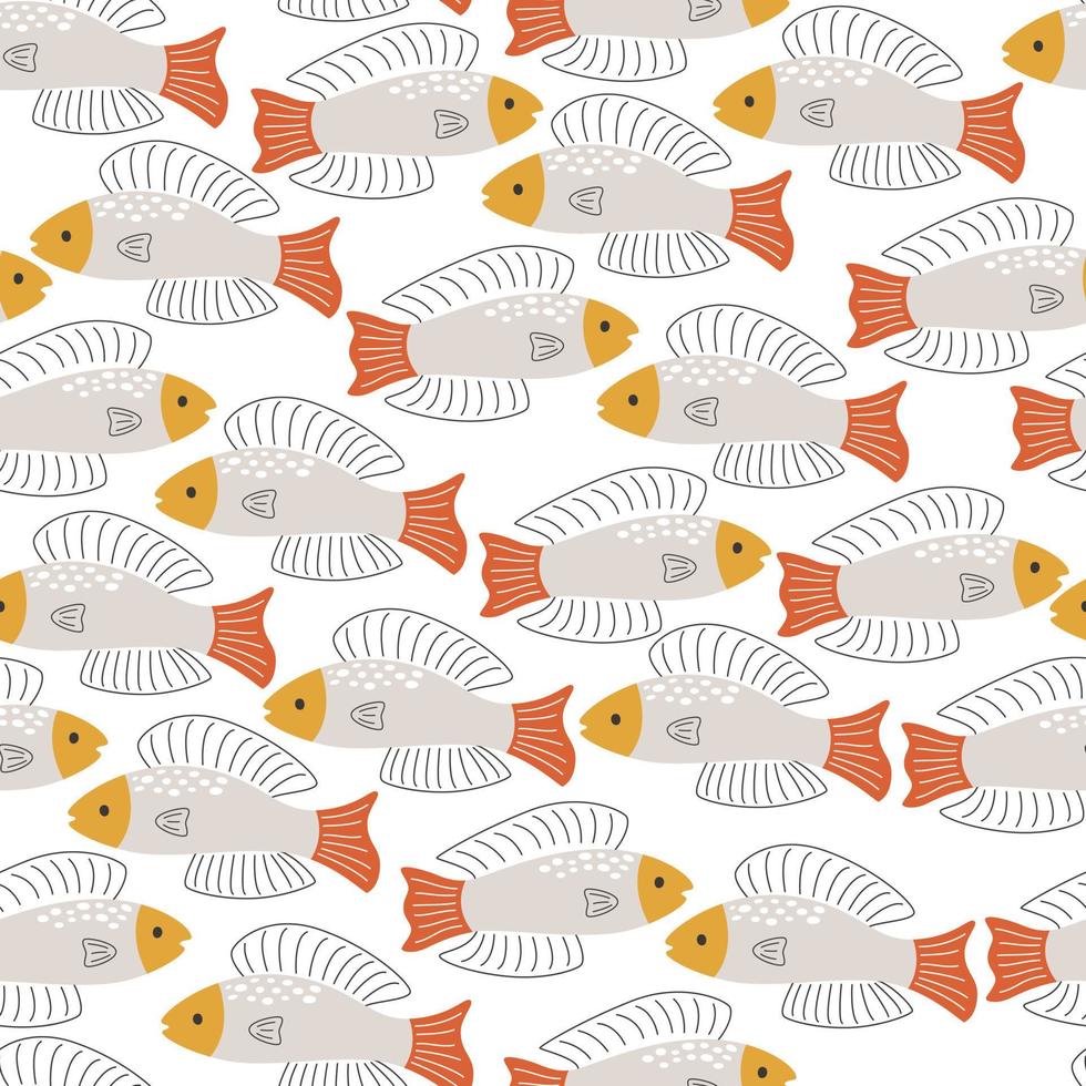 Sea fish in abstract style on a white background. Seamless pattern with wild flat animal vector