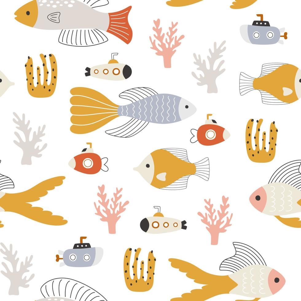 Marine seamless pattern with swimming fish and submarines in corals on a white background. Vector illustrations of the underwater world on a repeating print.