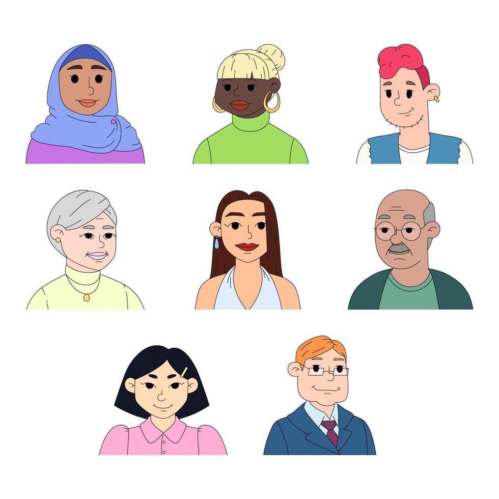 Set of portraits of people in doodle style. Collection of vector illustrations isolated on white background. Colorful cartoon characters
