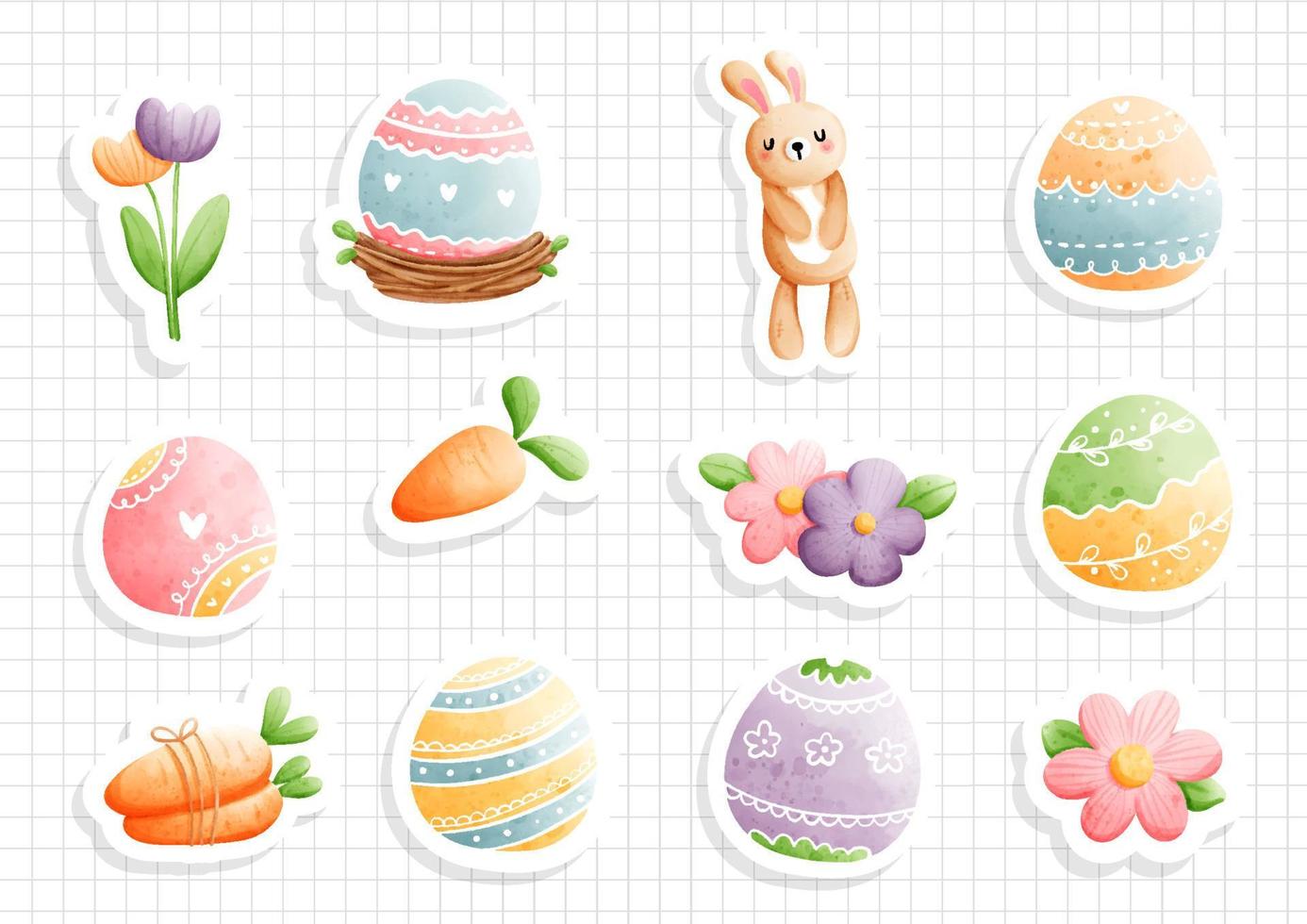 watercolor easter, Happy Easter sticker sheet. Vector illustration