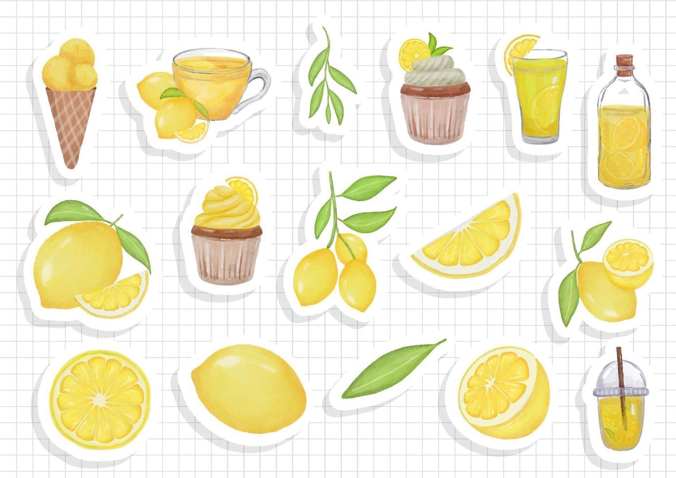 watercolor lemon sticker sheet. Vector illustration