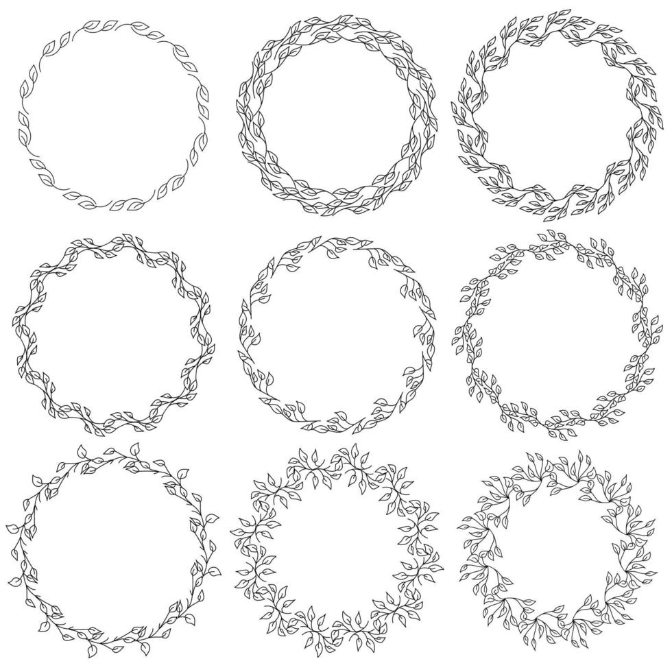 Set of round frames from doodle leaves, delicate outline wreaths for design vector