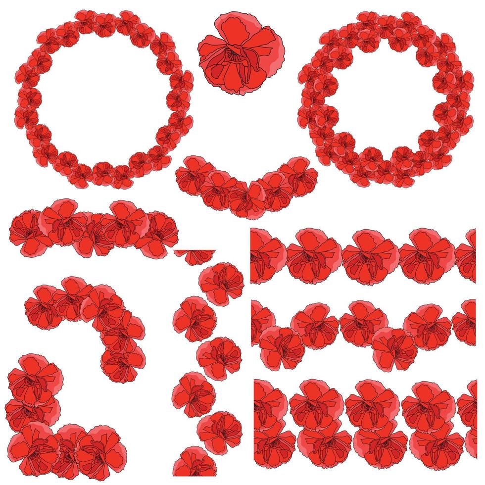 Set of frames, dividers, corners and borders made of poppy flowers, floral decorative elements for design vector