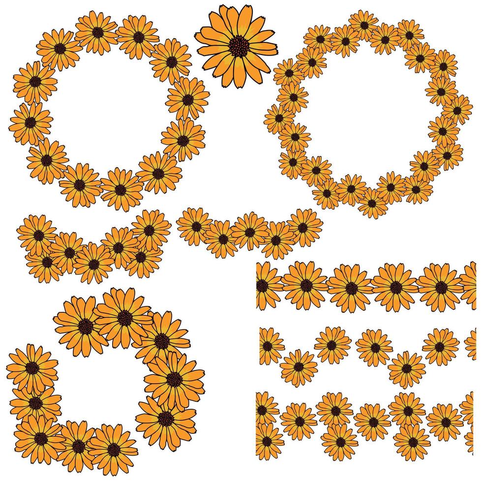 Set of frames, dividers, corners and borders of orange flowers, floral decorative elements for design vector