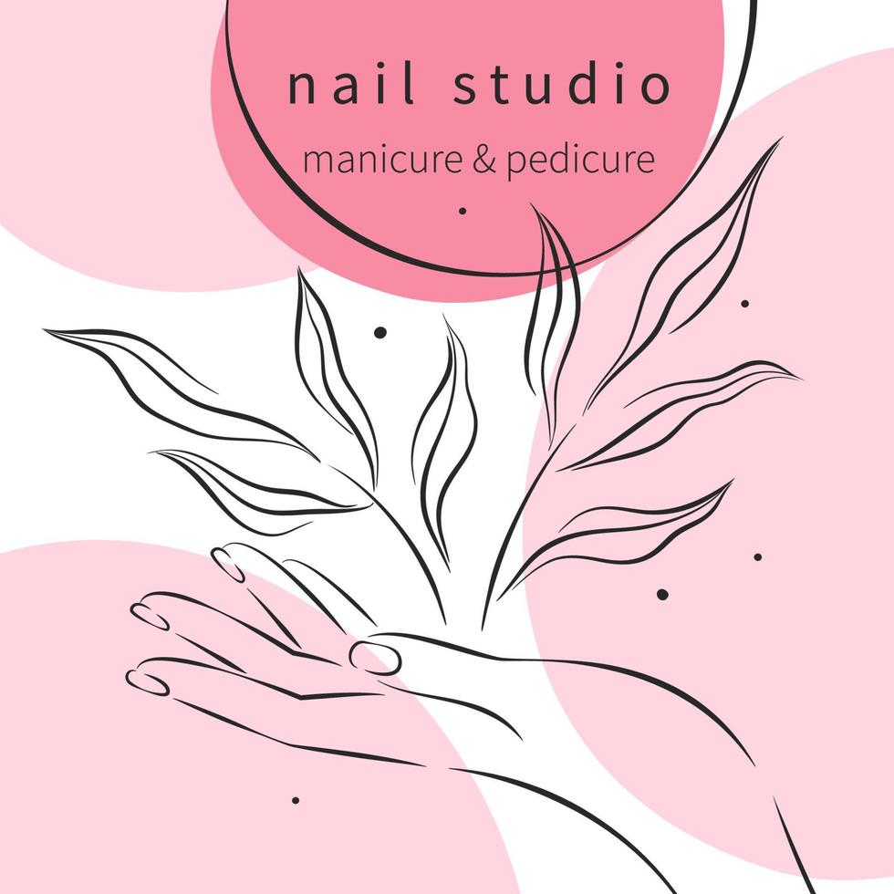 Beautiful female hands with manicure. Design for nail studio for social media posts and stories. Vector illustrations