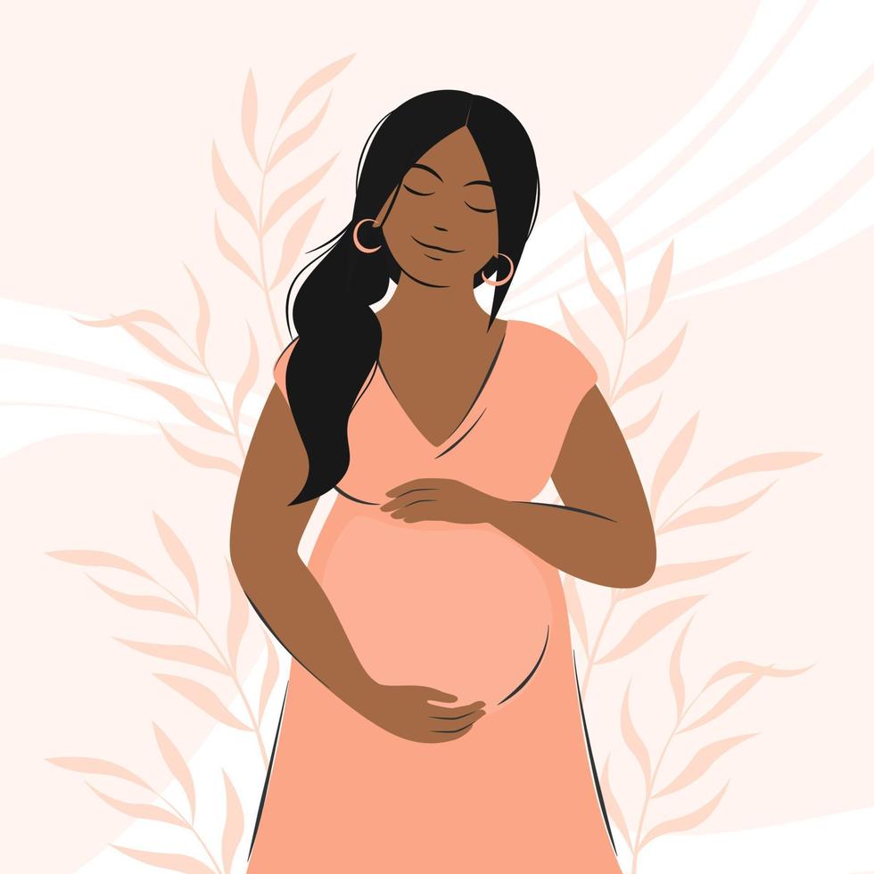 Pregnant woman, future mom of African appearance, standing in nature and hugging belly with arms. Health, care, pregnancy, motherhood concept. Flat vector illustration.