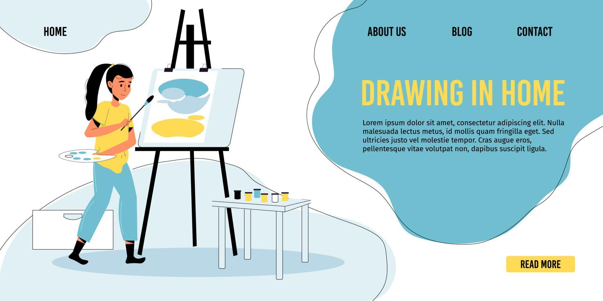 Girl child drawing at home art studio landing page vector