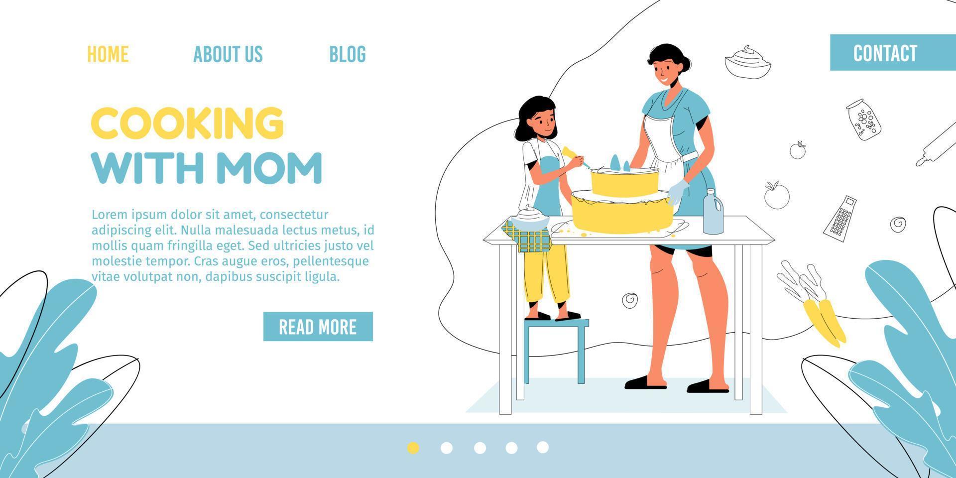 Mother daughter baking cake together landing page vector