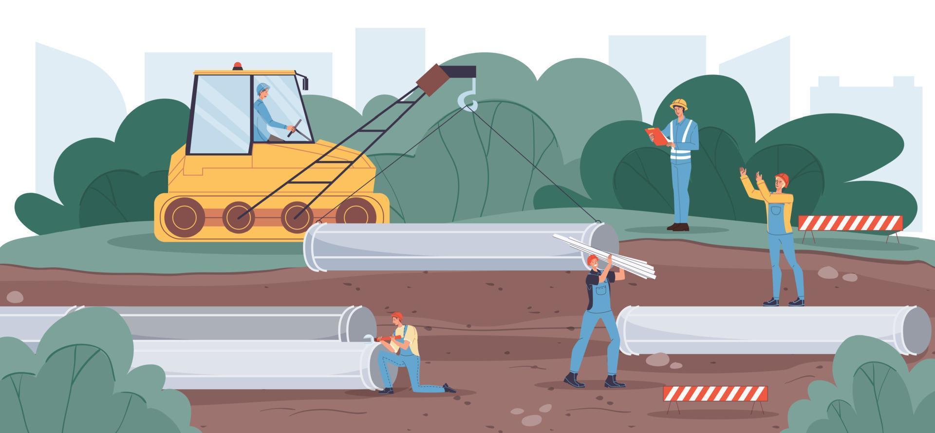 Industrial pipeline laying construction process vector