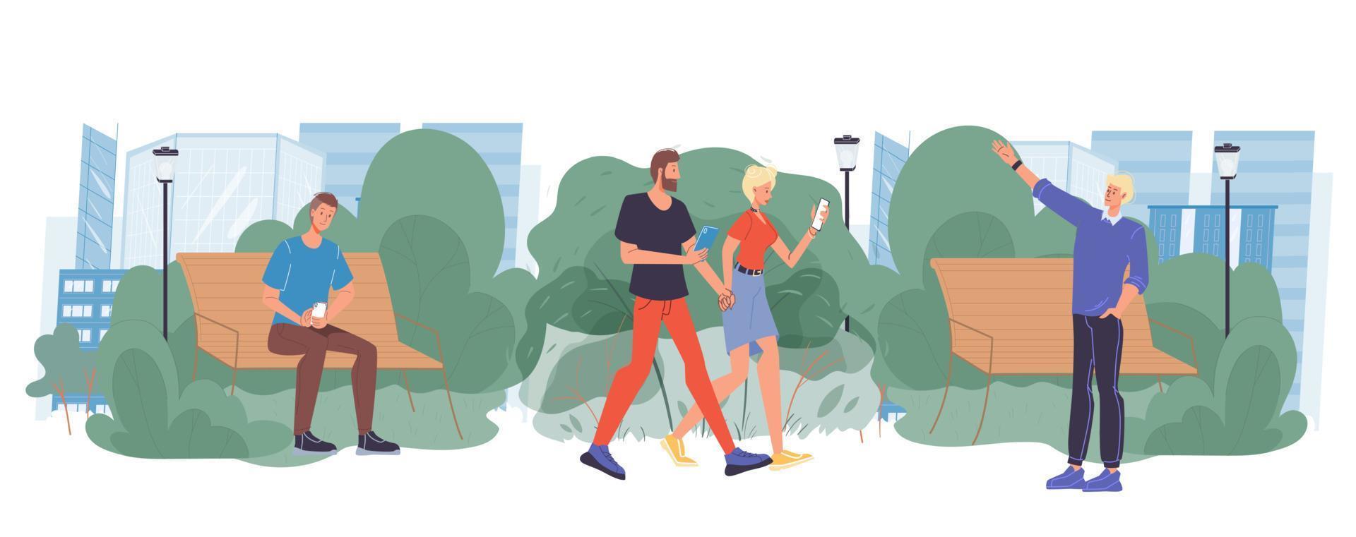 People look at gadget screen on walk in urban park vector