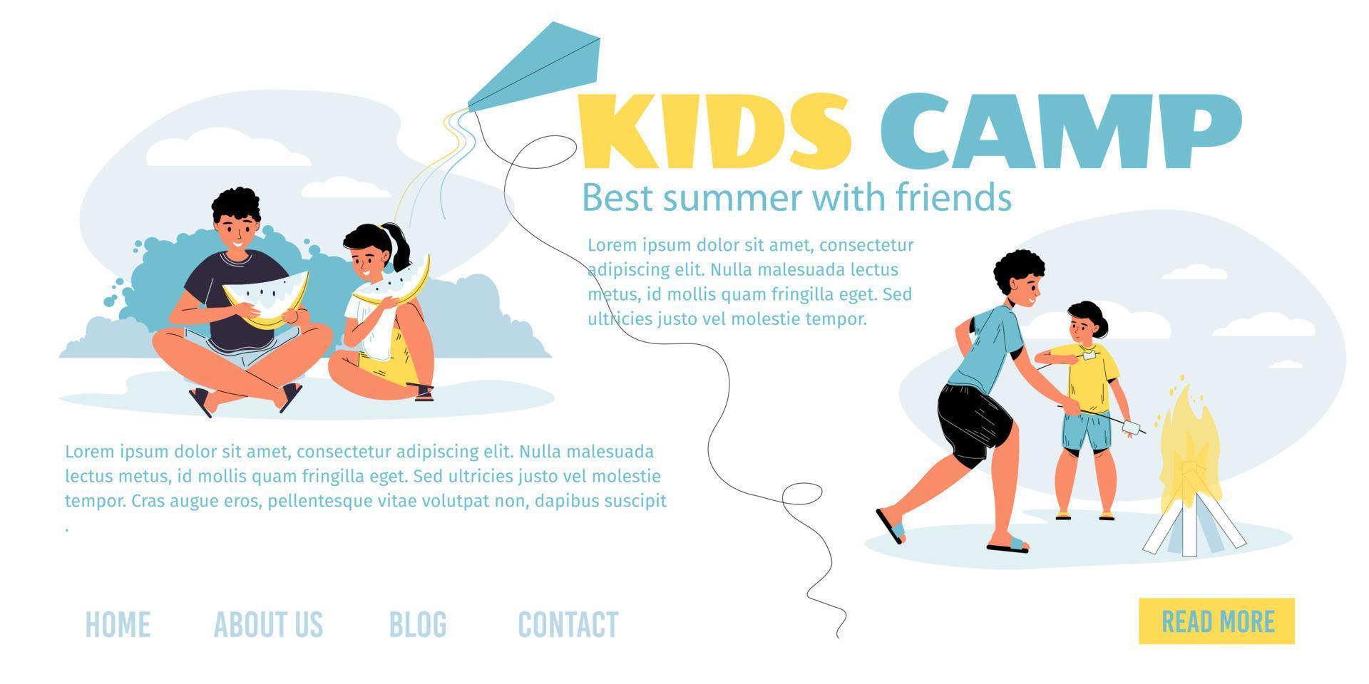 campamento de verano para niños en la página de inicio de publicidad forestal vector