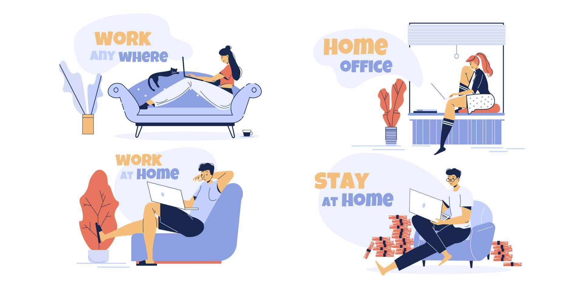 Remote work, distant study at home anytime set vector