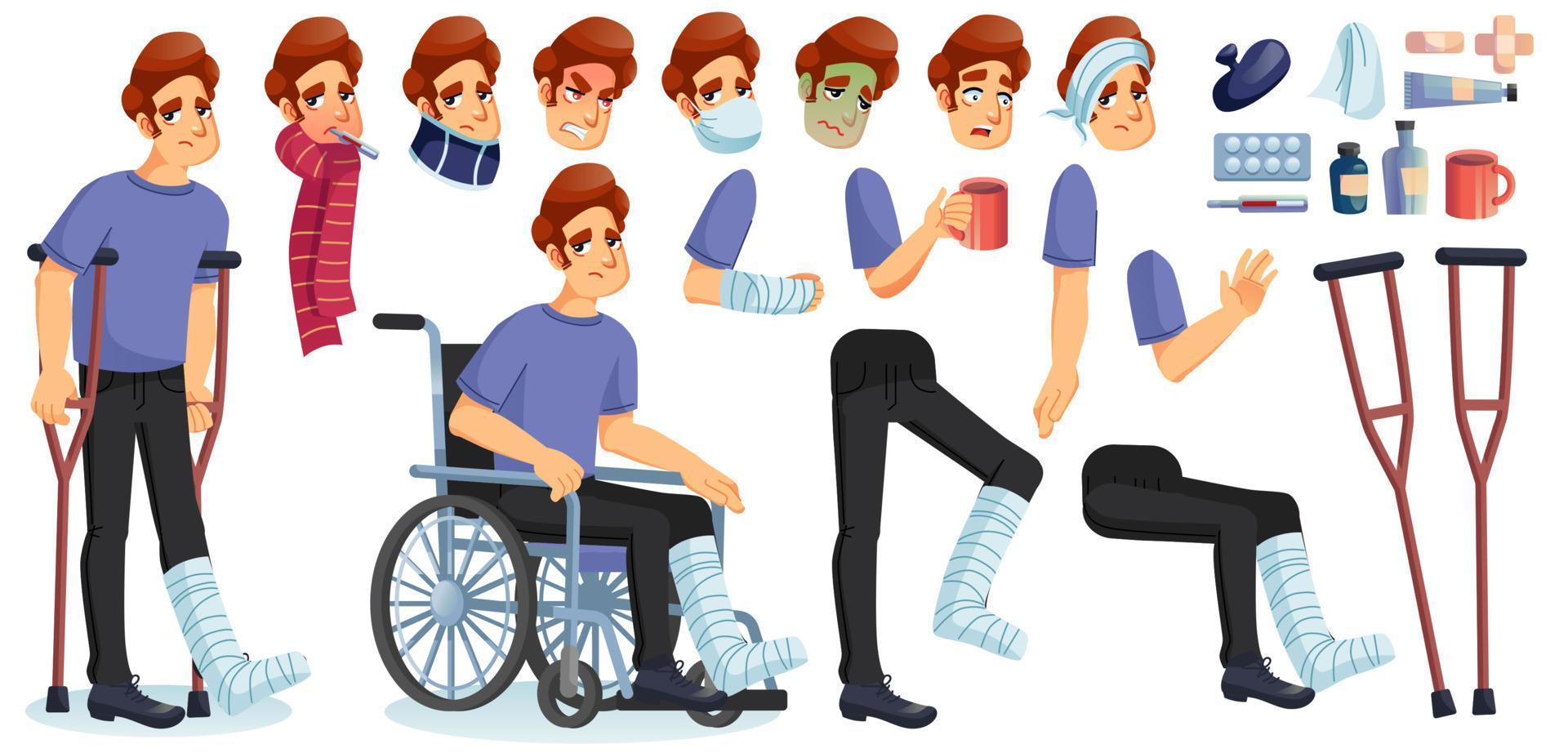 Young sick man animated character creation set vector