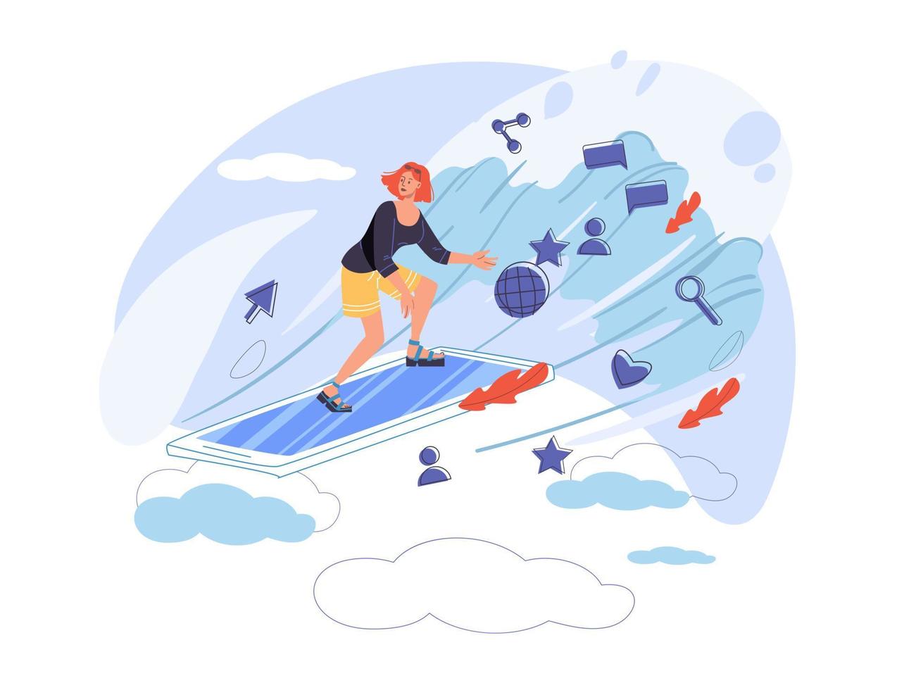 Flat cartoon character surfing internet, vector illustration concept