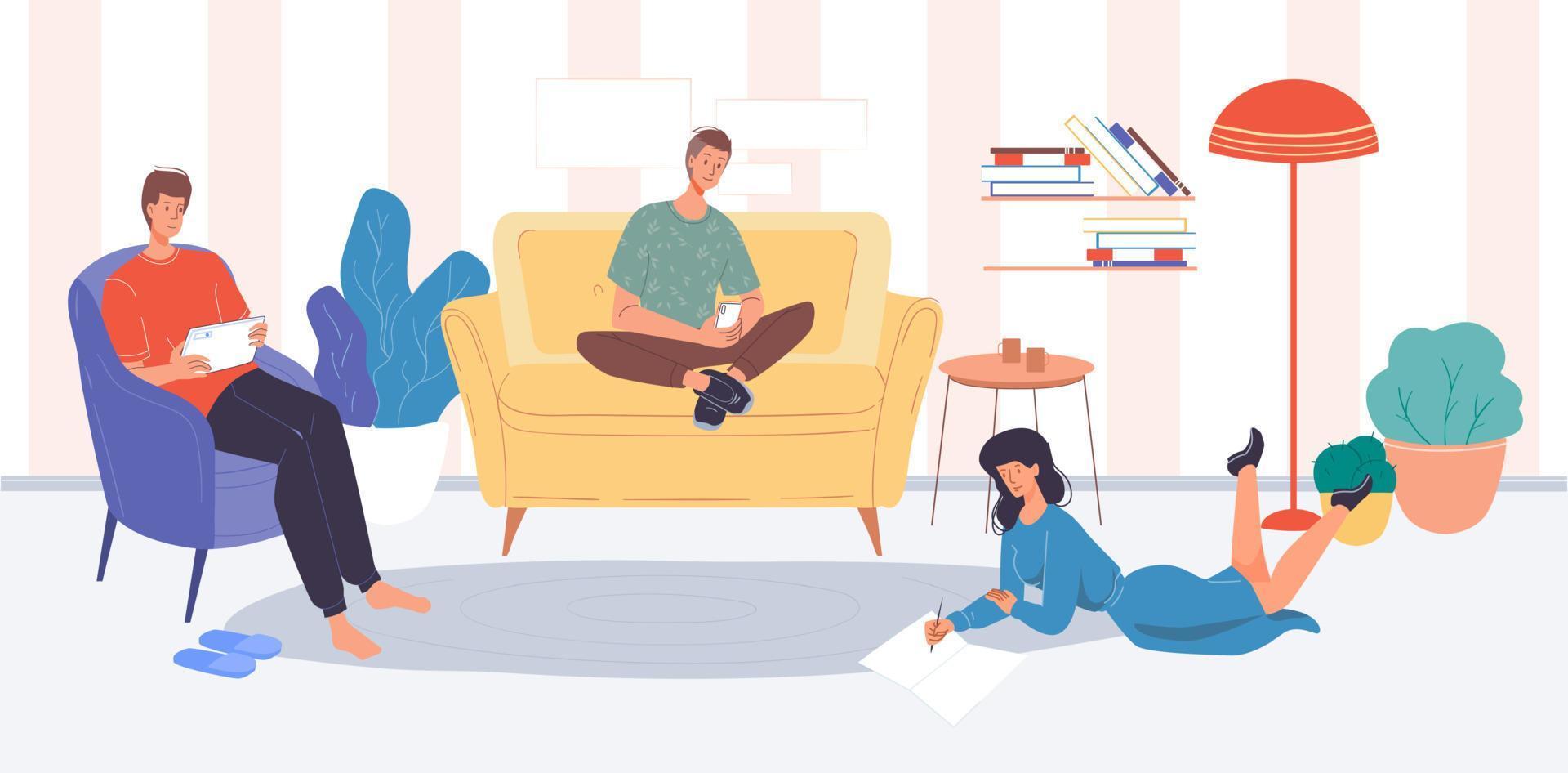 People relaxing stay at home using digital gadget vector