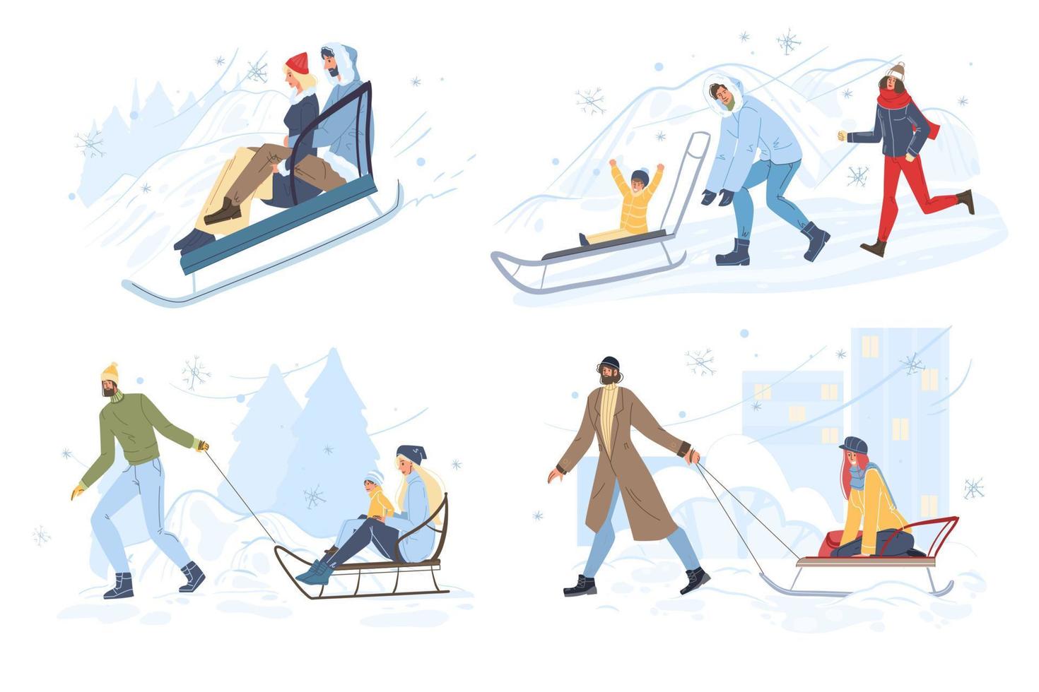 Happy people sledding have winter fun outdoor set vector