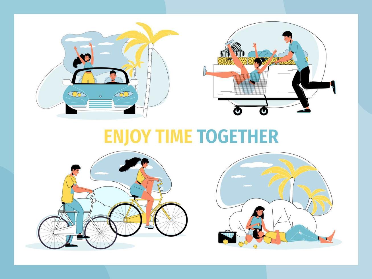 Cute young couple enjoy time together romantic set vector