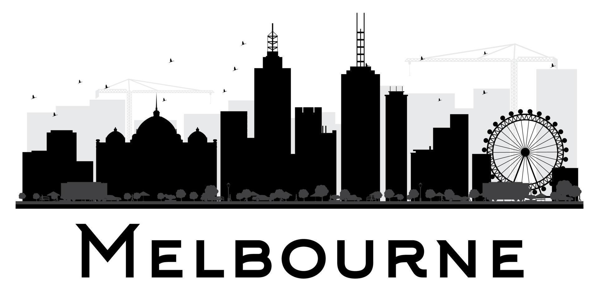 Melbourne City skyline black and white silhouette. vector