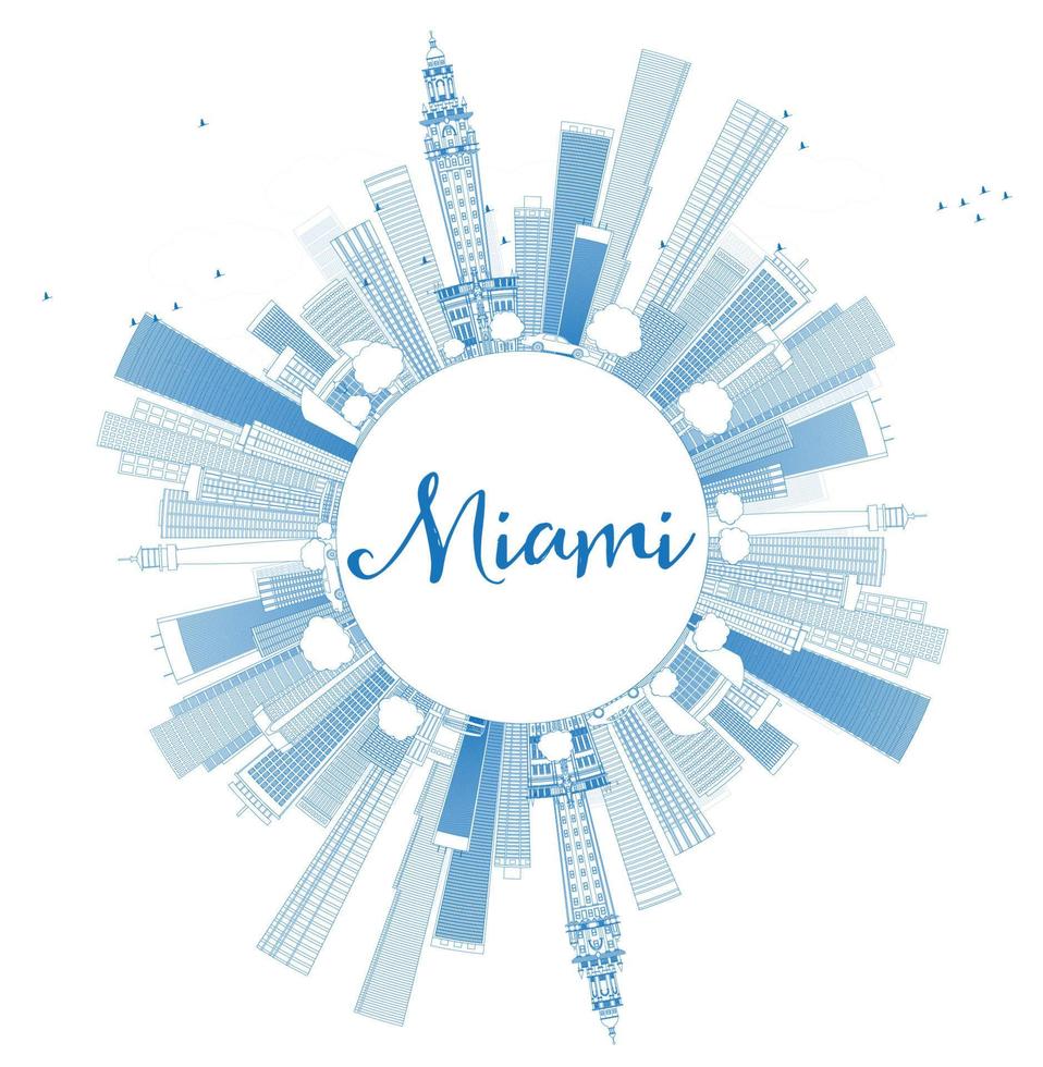 Outline Miami Skyline with Blue Buildings and Copy Space. vector