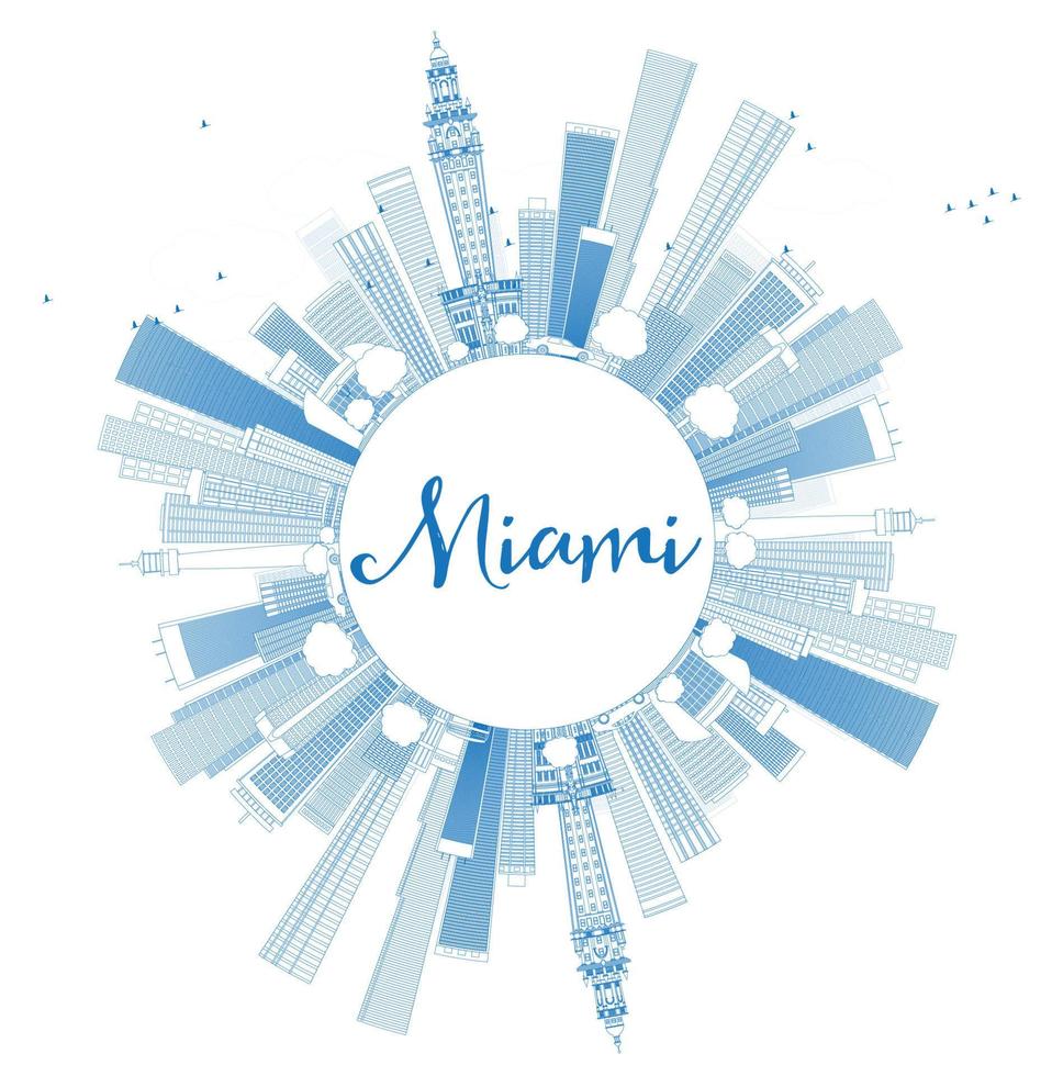 Outline Miami Skyline with Blue Buildings and Copy Space. vector