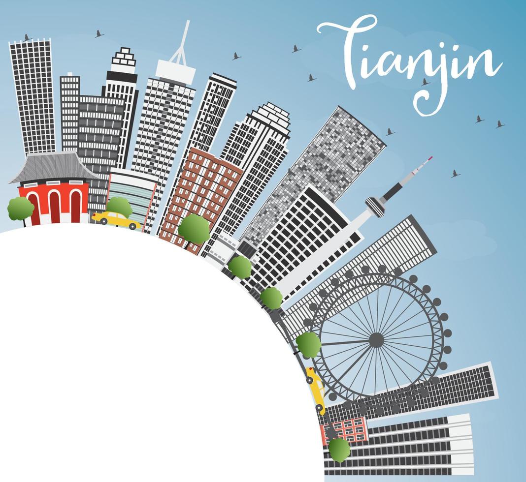 Tianjin Skyline with Gray Buildings, Blue Sky and Copy Space. vector