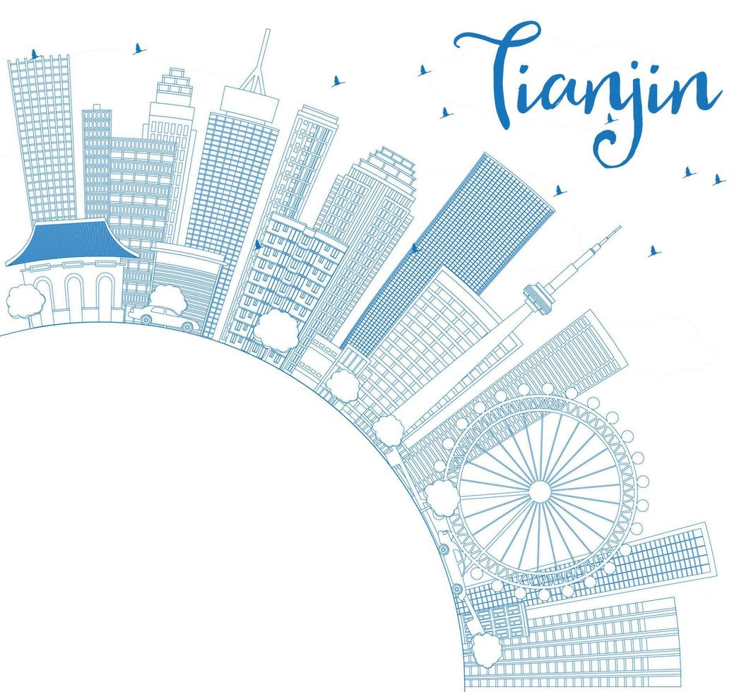 Outline Tianjin Skyline with Blue Buildings and Copy Space. vector