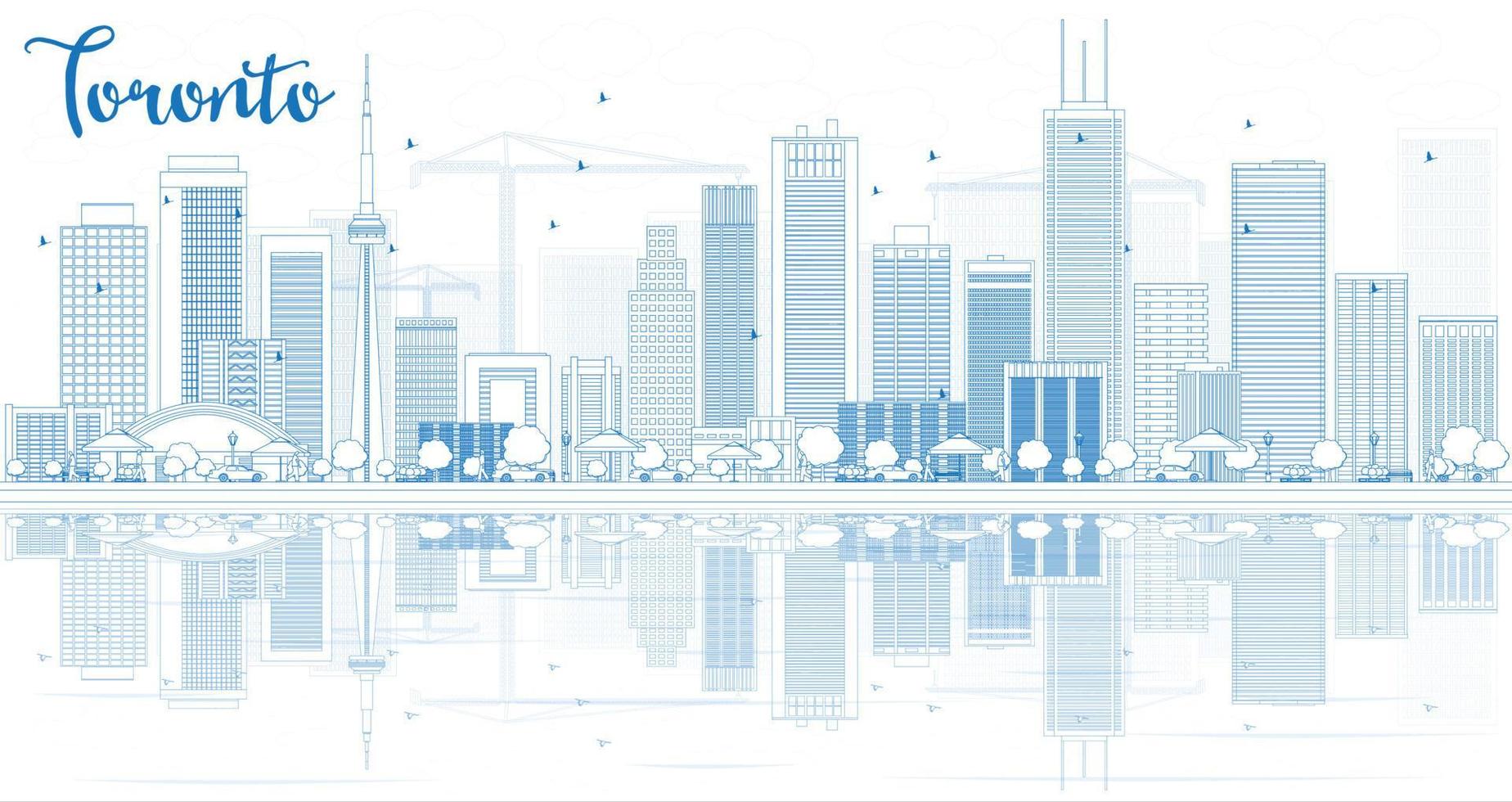 Outline Toronto skyline with blue buildings and reflections. vector