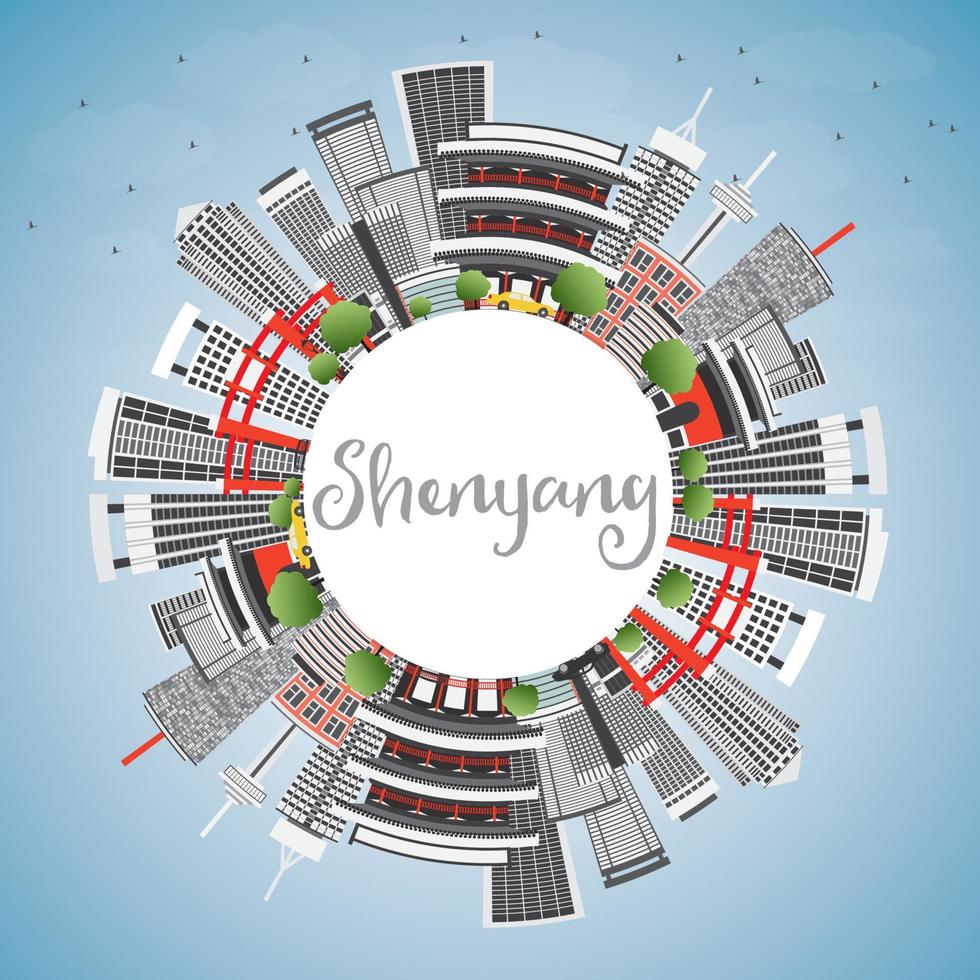 horizonte de shenyang con edificios grises, cielo azul y espacio para copiar. vector