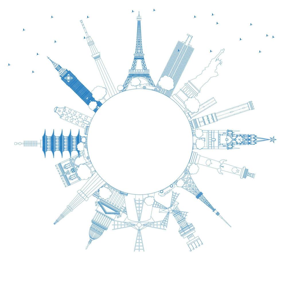 delinear el concepto de viaje alrededor del mundo con famosos lugares de interés internacionales. vector