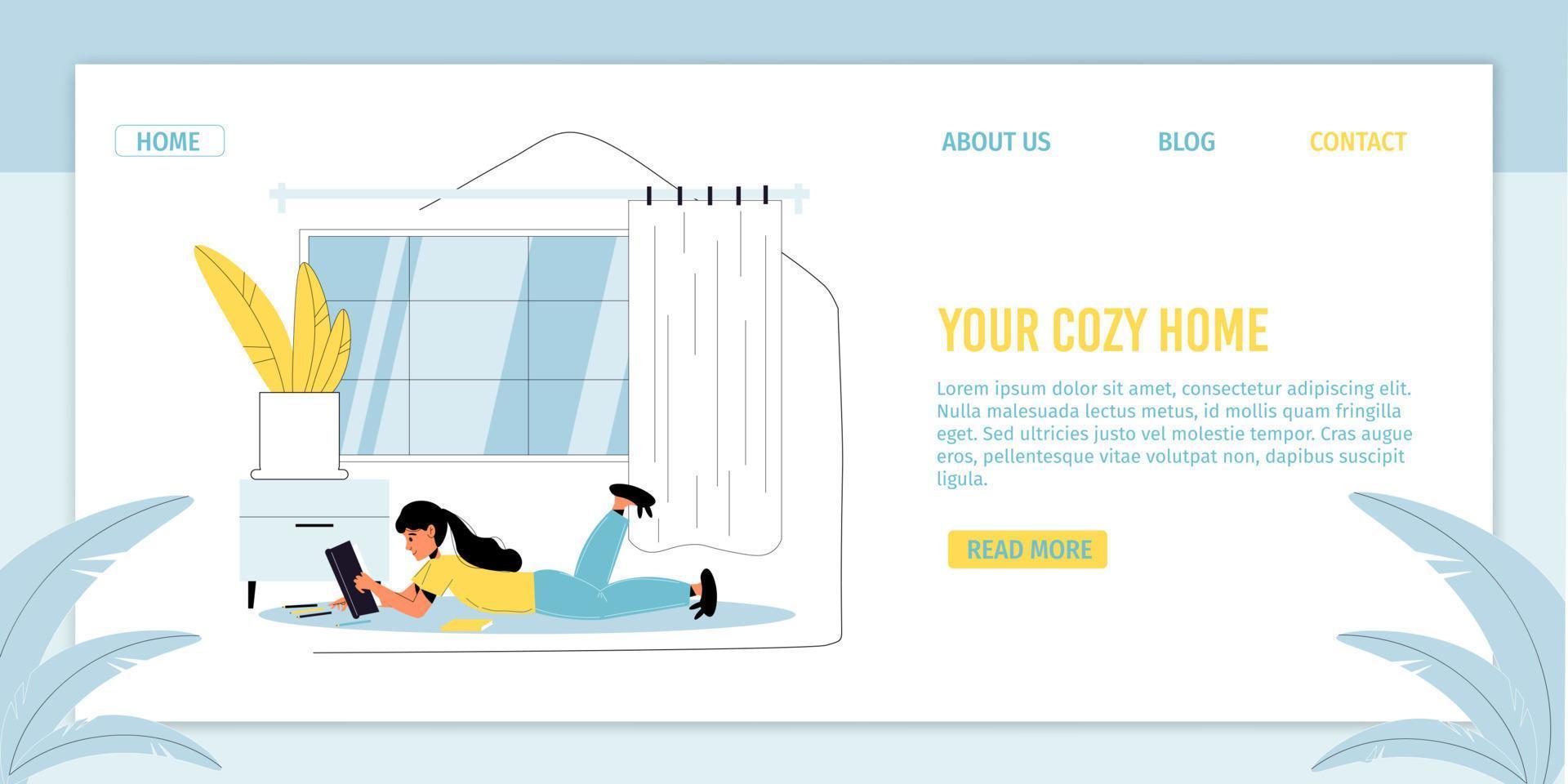 Happy girl spending time at cozy home landing page vector