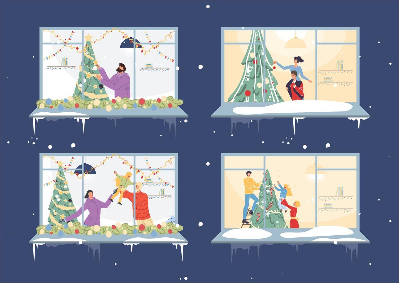 Flat cartoon characters happy holidays vector illustration concept