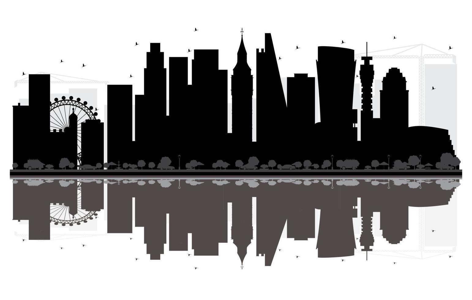 London City skyline black and white silhouette with Reflections. vector