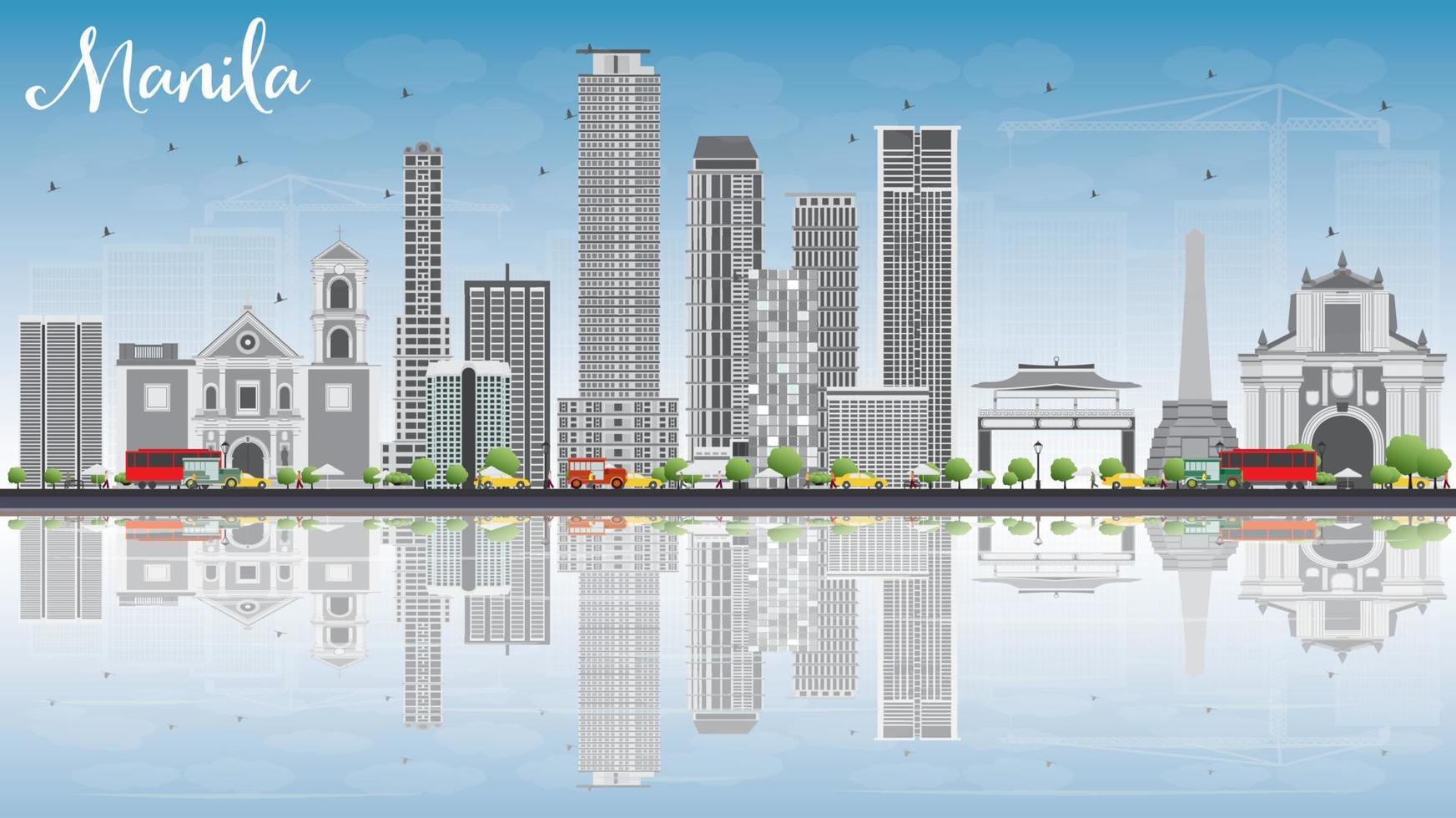 Manila Skyline with Gray Buildings, Blue Sky and Reflections. vector