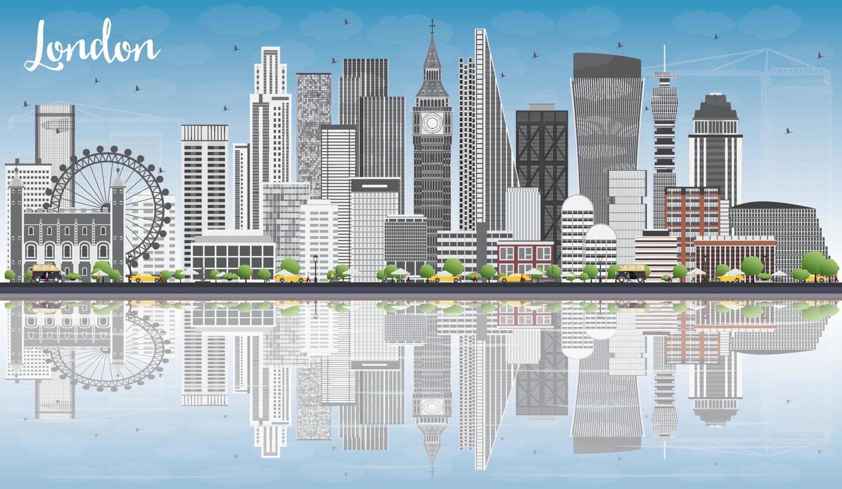 London Skyline with Gray Buildings, Blue Sky and Reflections. vector