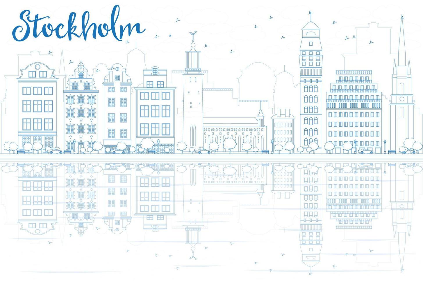 Outline Stockholm Skyline with Blue Buildings and Reflections. vector