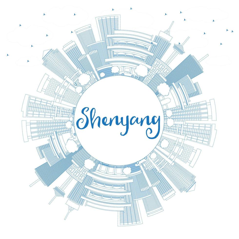 Outline Shenyang Skyline with Blue Buildings and Copy Space. vector