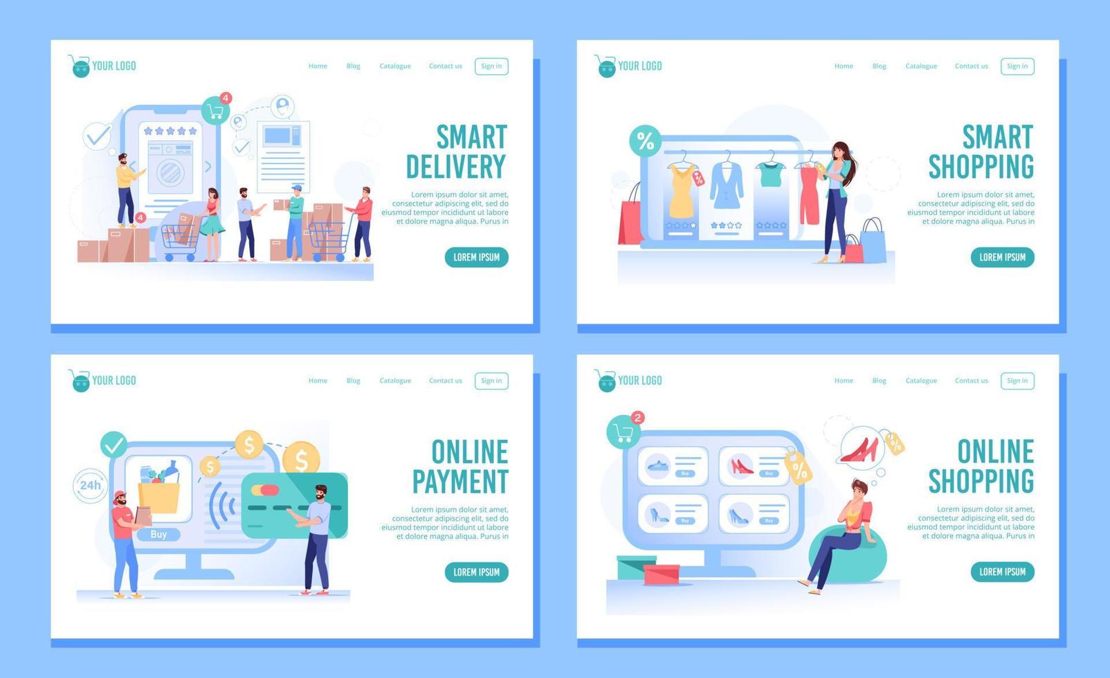 Smart shopping, order, delivery landing page set vector