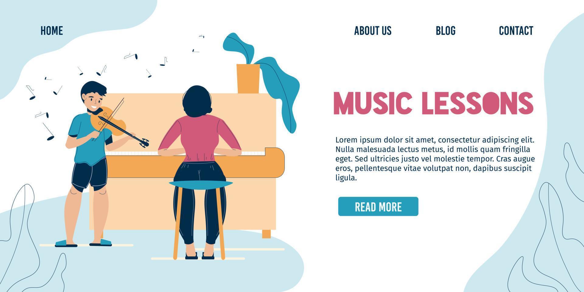 Music lesson at home or in classroom landing page vector