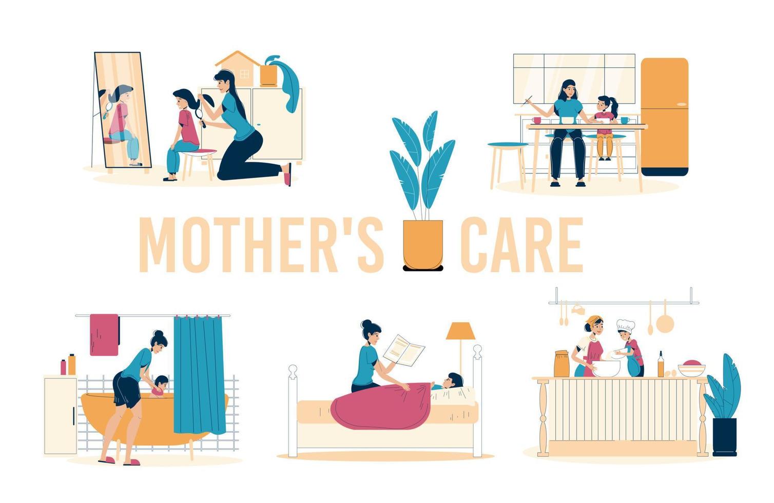 Mother daughter care family isolated scene set vector