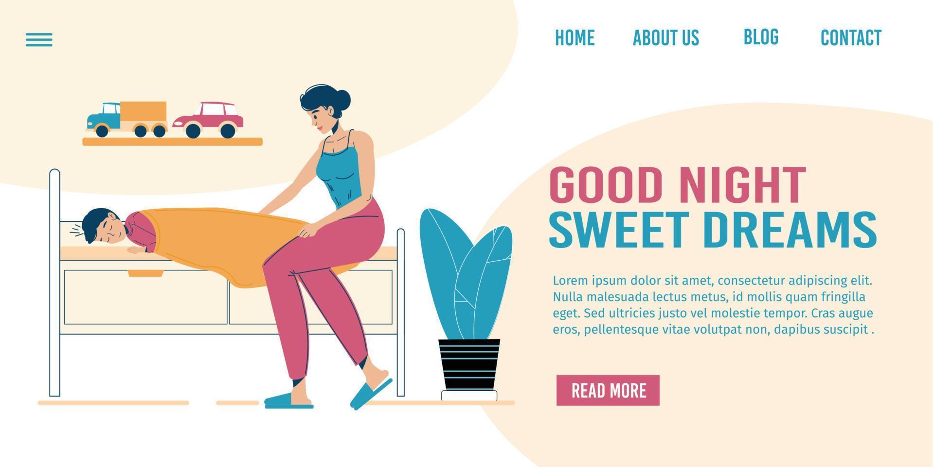 Loving mother adorable son in bed landing page vector