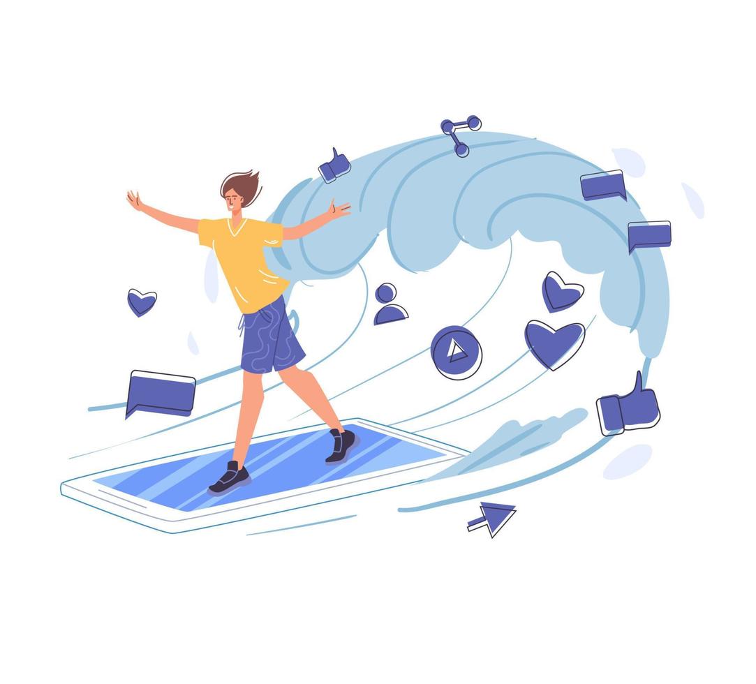 Flat cartoon character surfing internet, vector illustration concept