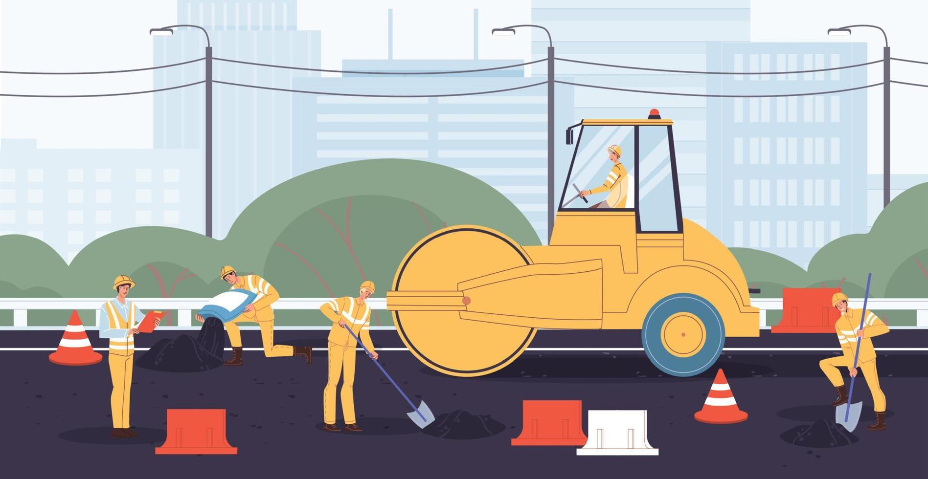 Builder working at road autobahn construction site vector